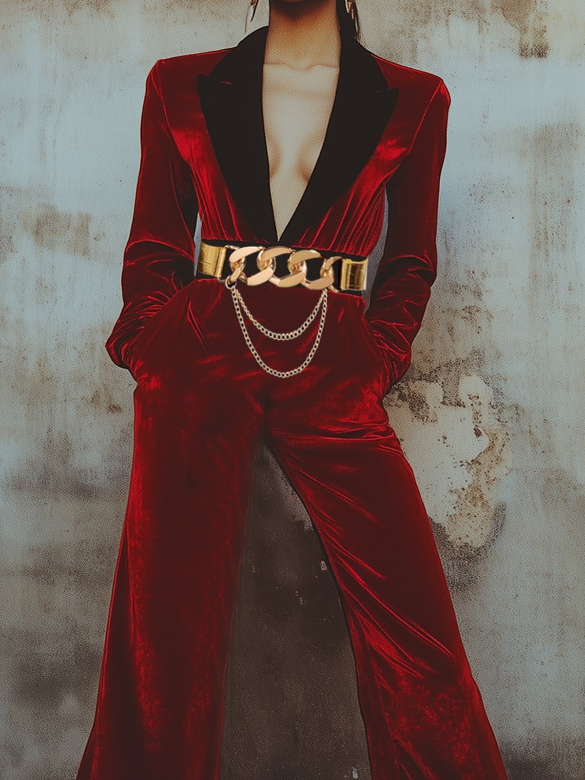 Red Velvet Jumpsuit With Belt