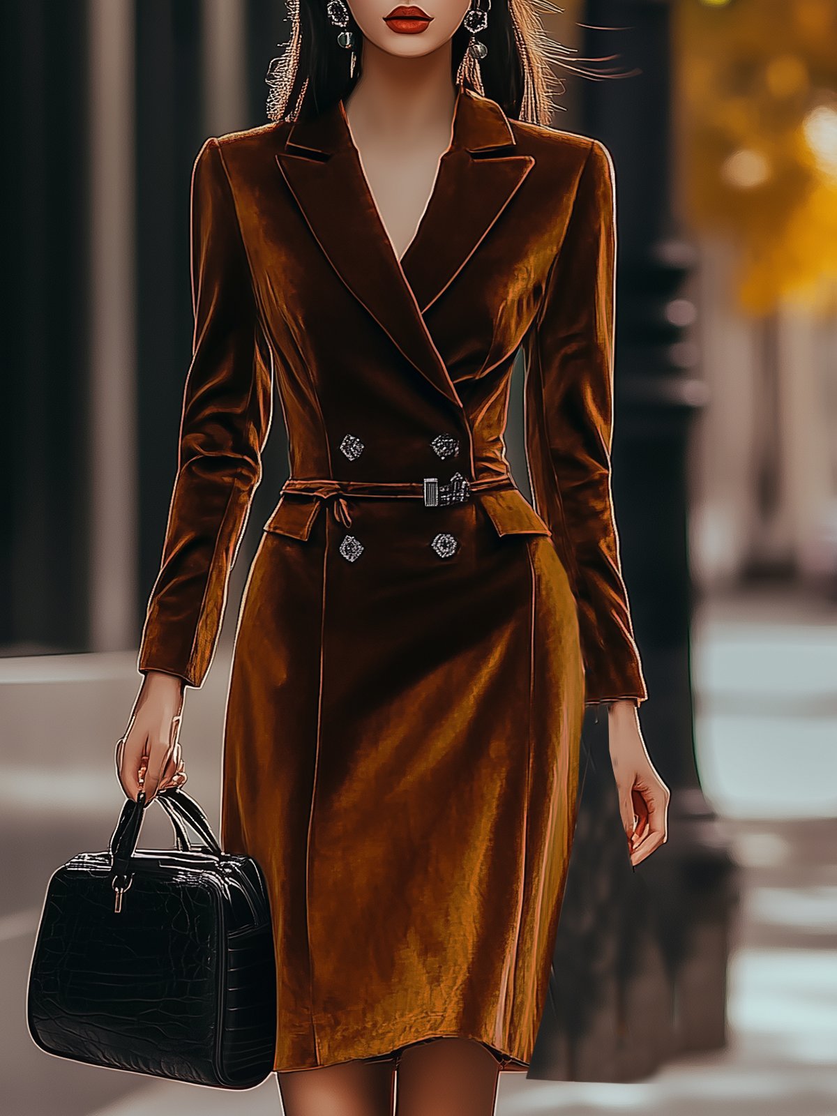 Classic Solid Lapel Velvet Dress