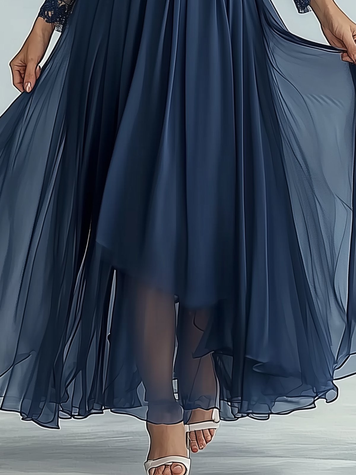 Elegant Navy Blue Lace And Chiffon Maxi Dress