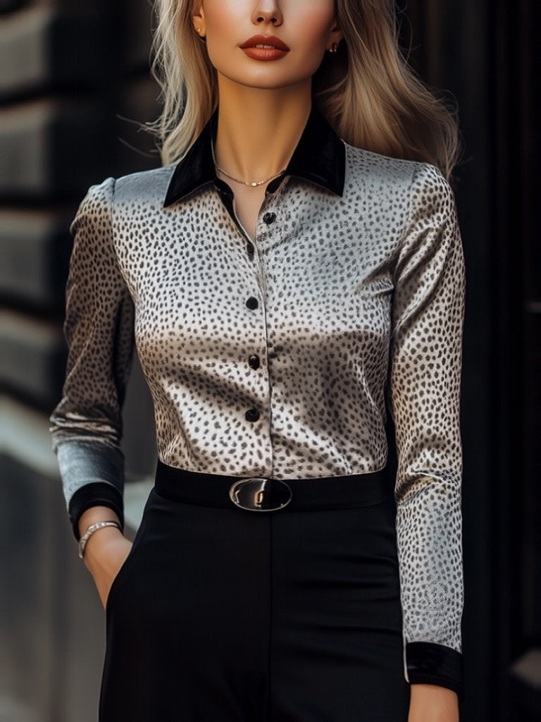 Gray Leopard-Print Satin Blouse