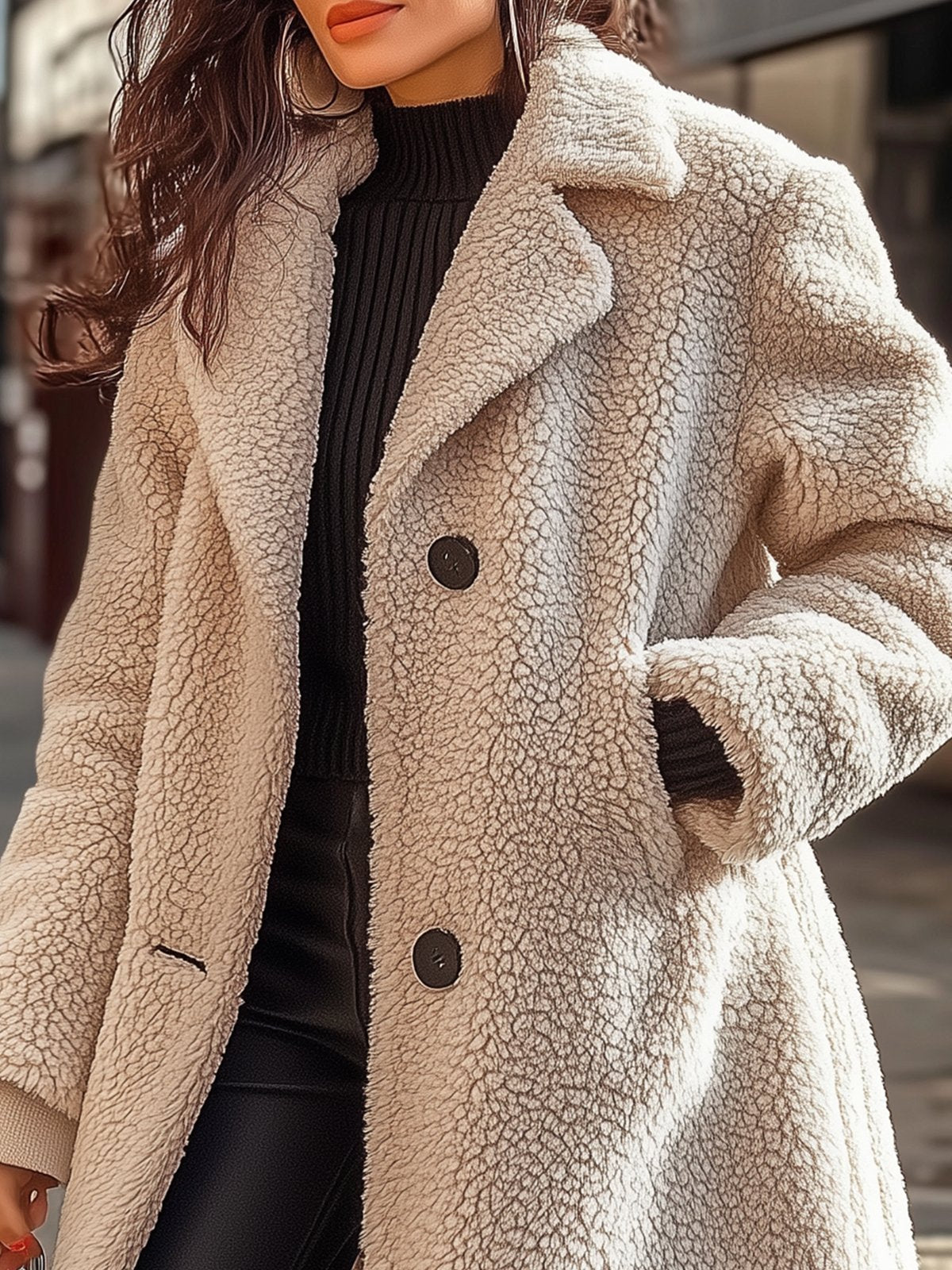 Solid Color Sherpa-Lined Warm Coat With Pockets