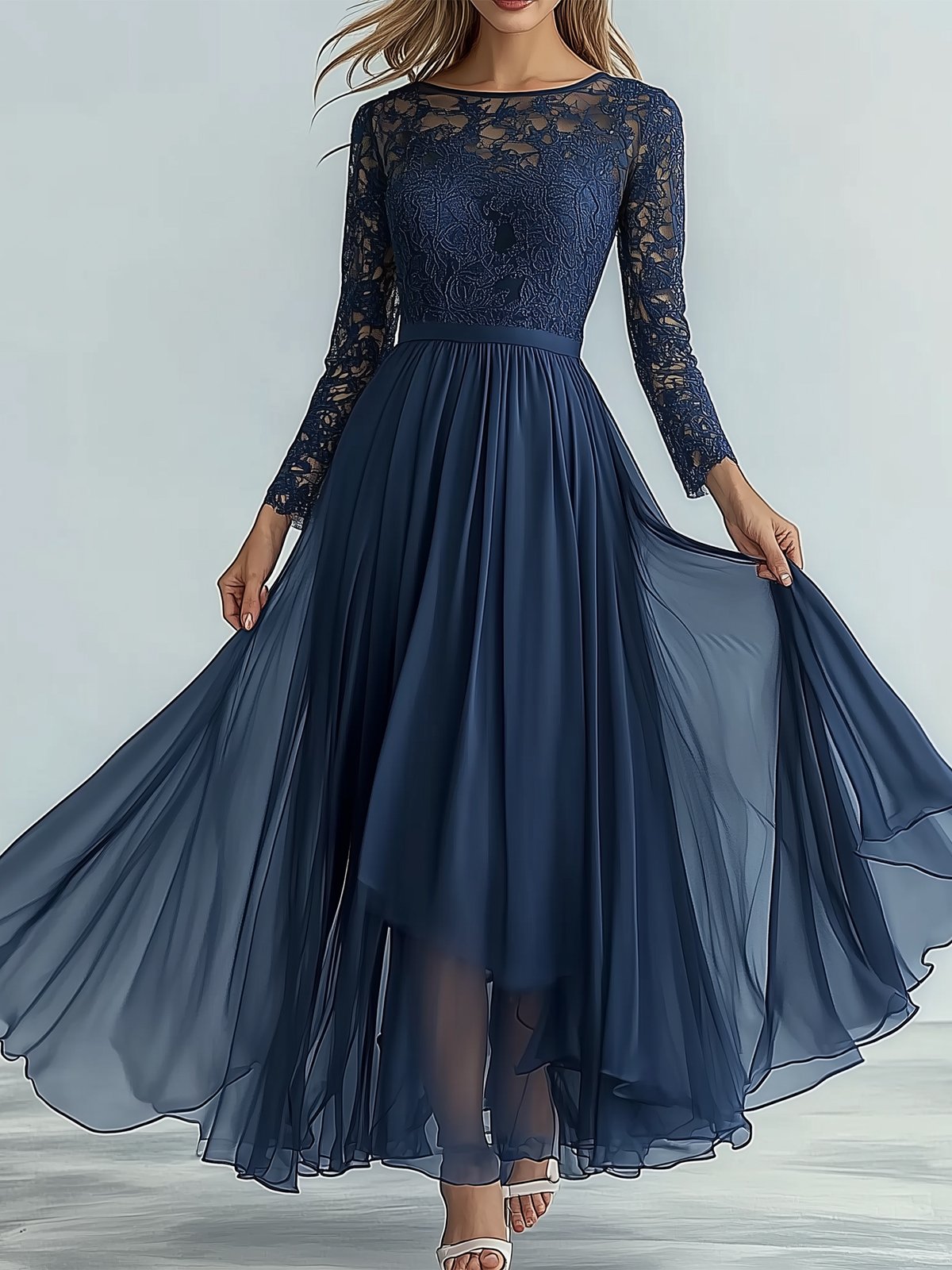 Elegant Navy Blue Lace And Chiffon Maxi Dress