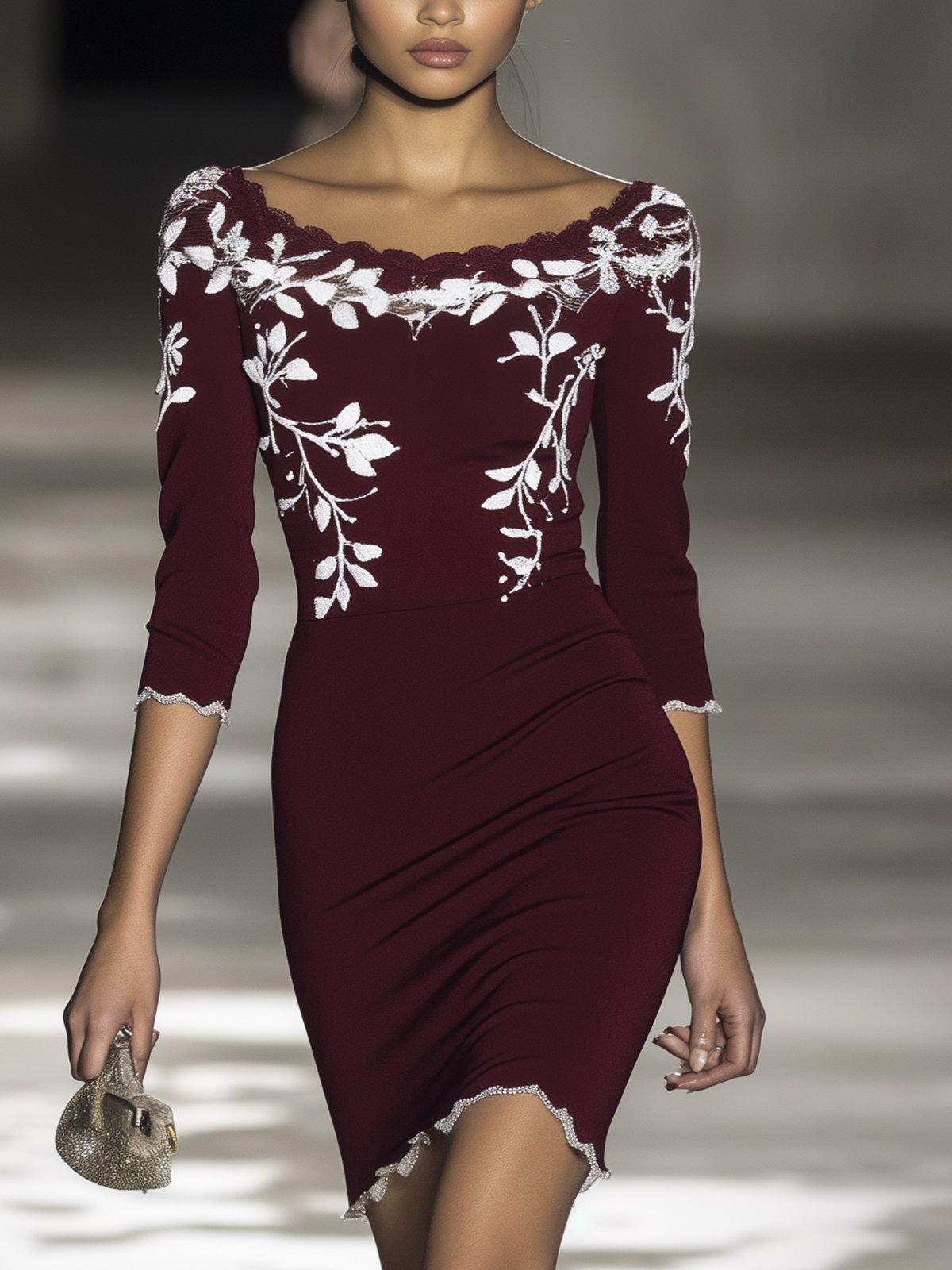 Wine Red Floral Print Three-Quarter Sleeve Bodycon Dress