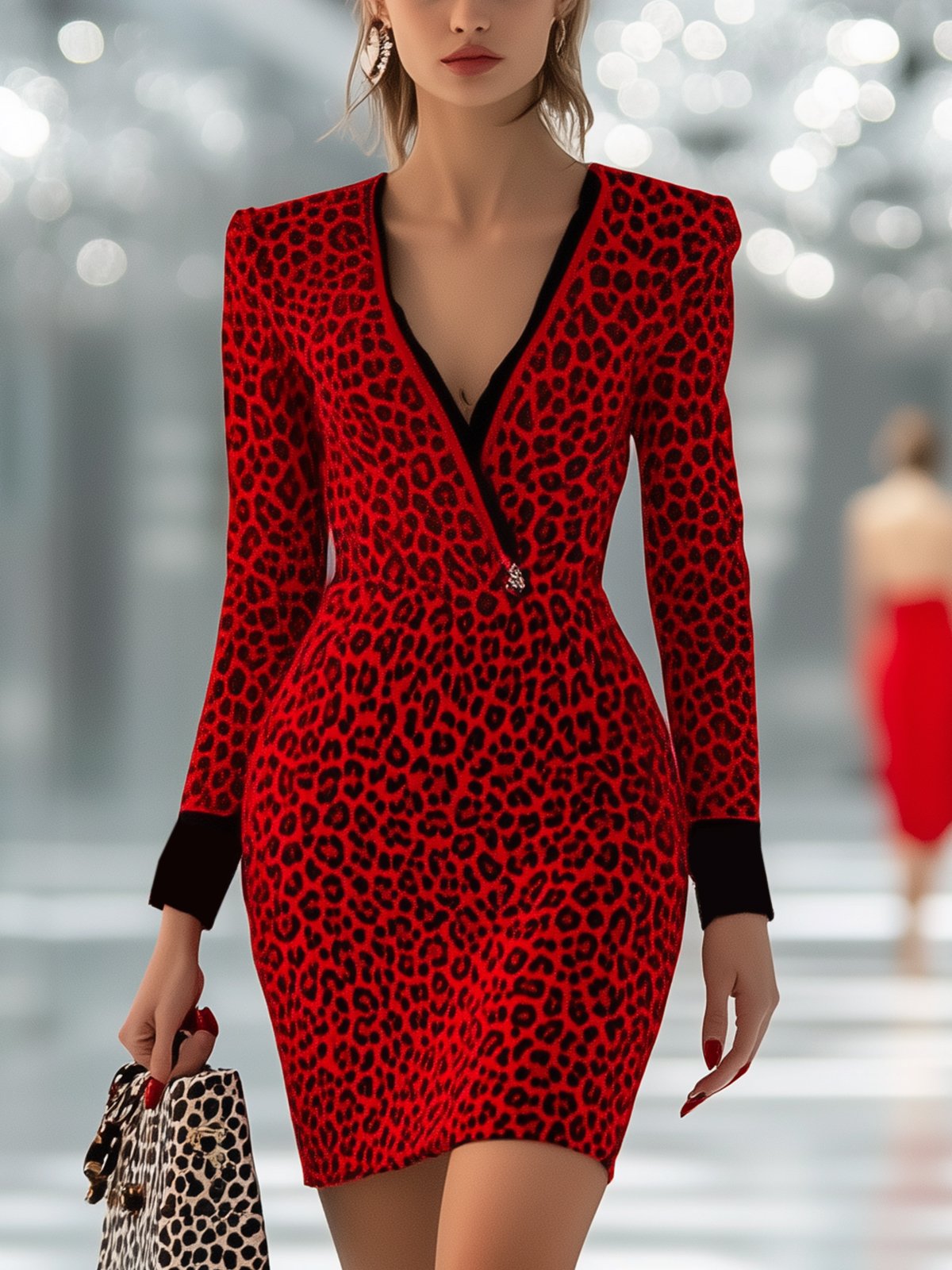 V-Neck Red Leopard Print Bodycon Dress