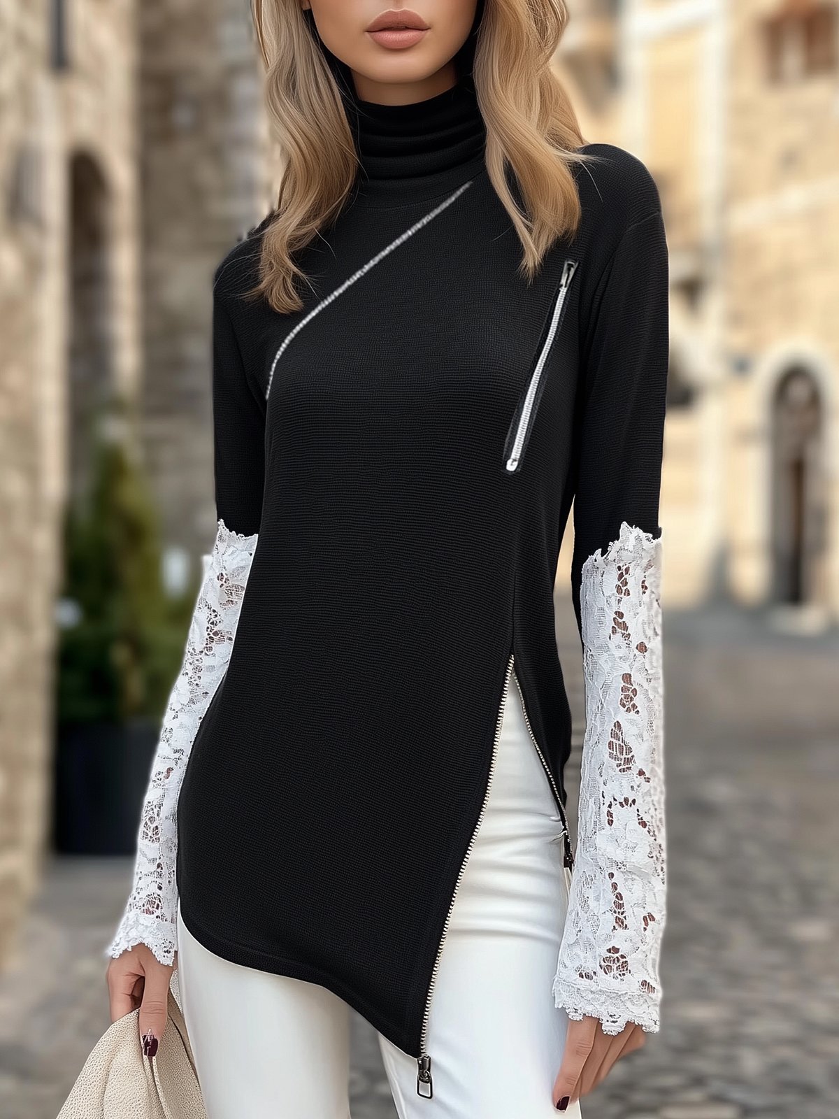 Black High Neck Long Sleeve T-Shirt With Side Slit And Zipper Design