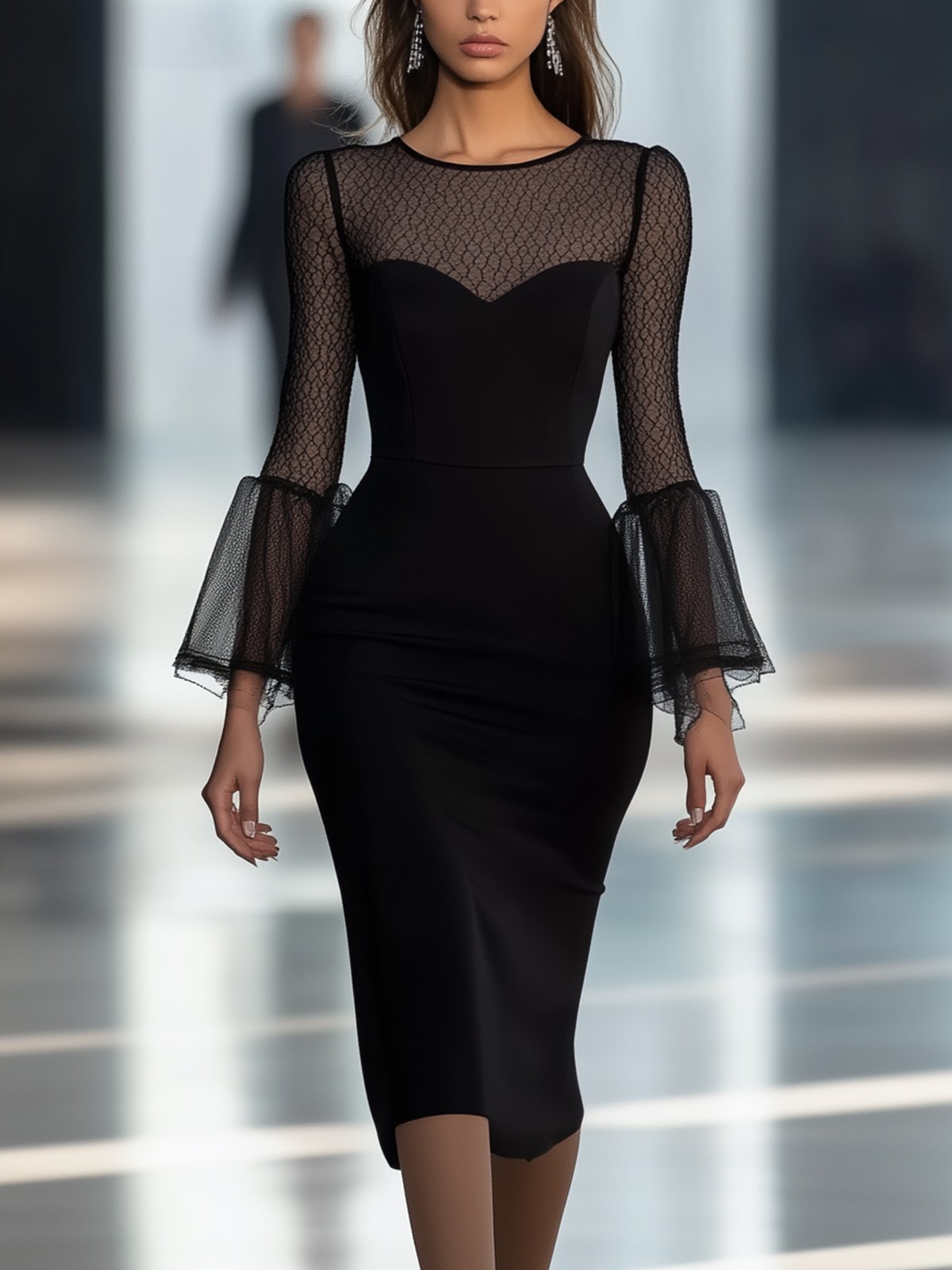 Black Bodycon Dress With Mesh Neckline And Flared Sleeves