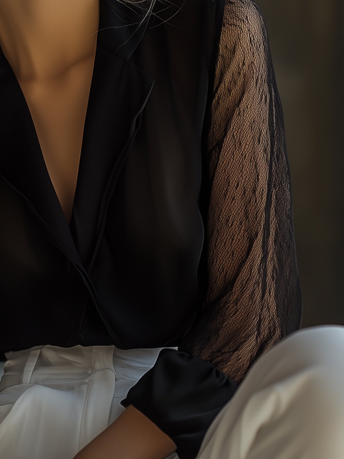 Black Chiffon Blouse With Mesh Sleeves