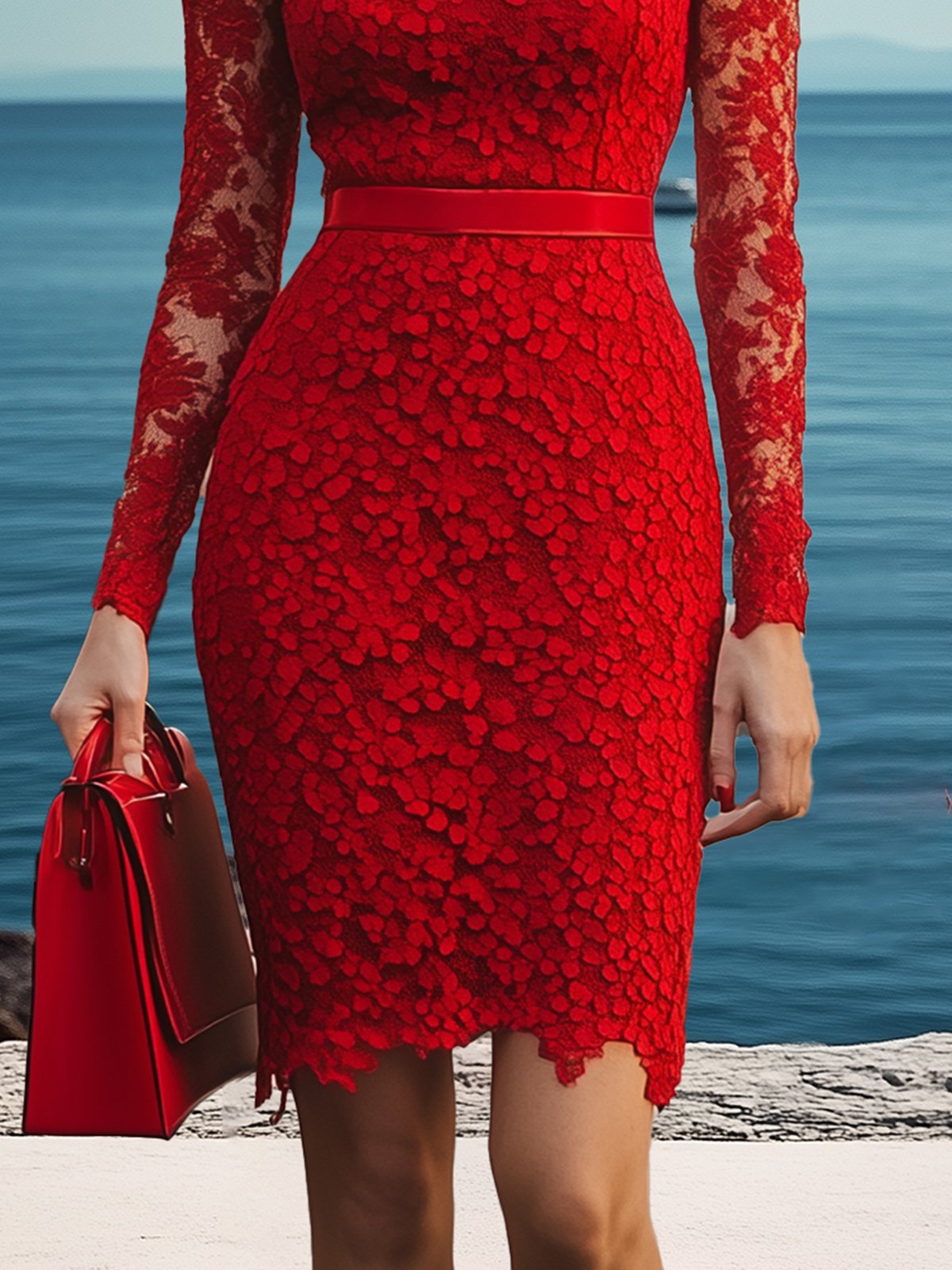 Red Lace High-Neck Long-Sleeve Bodycon Dress