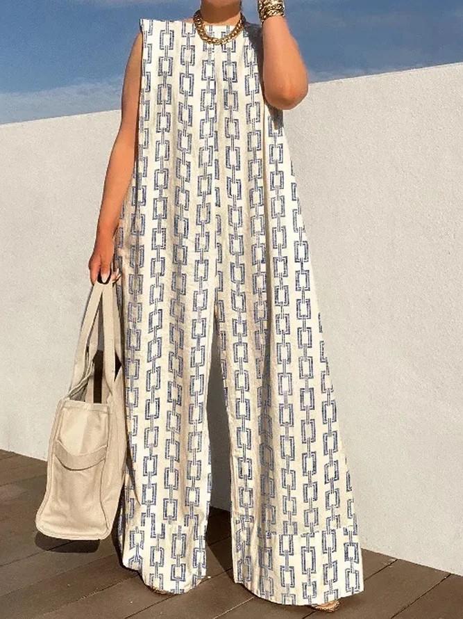 Wide Leg Contrast Color Printed Striped Jumpsuits