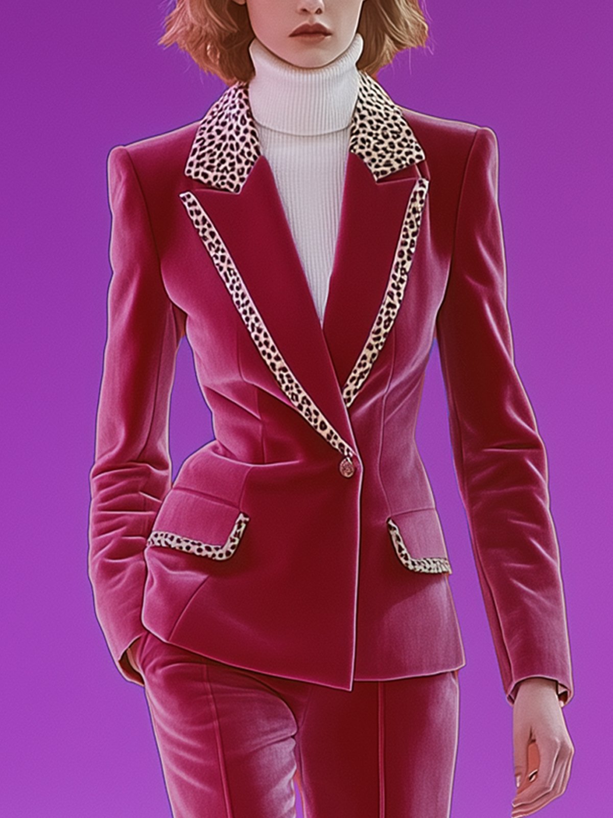 Comfortable Pink Velvet Suit With Leopard Print