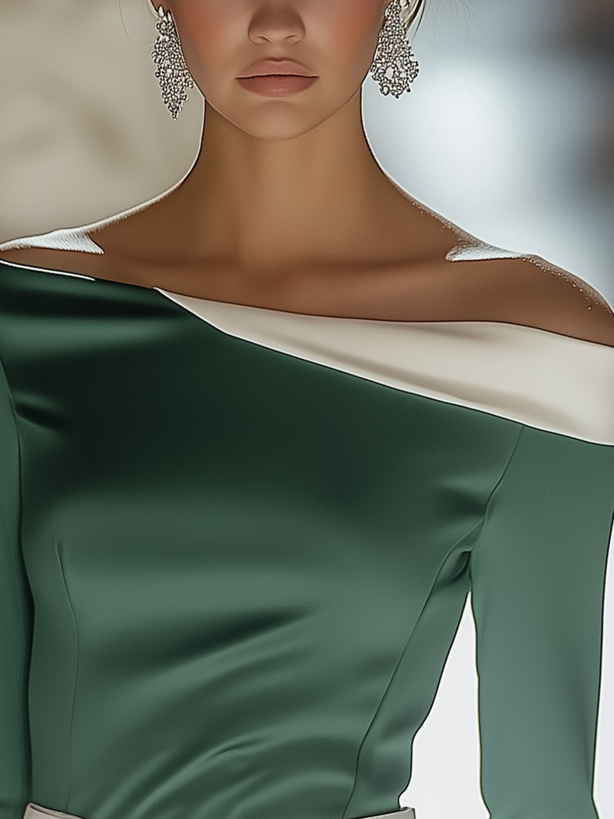 Elegant Green Off-Shoulder Shirt With White Collar And Cuffs