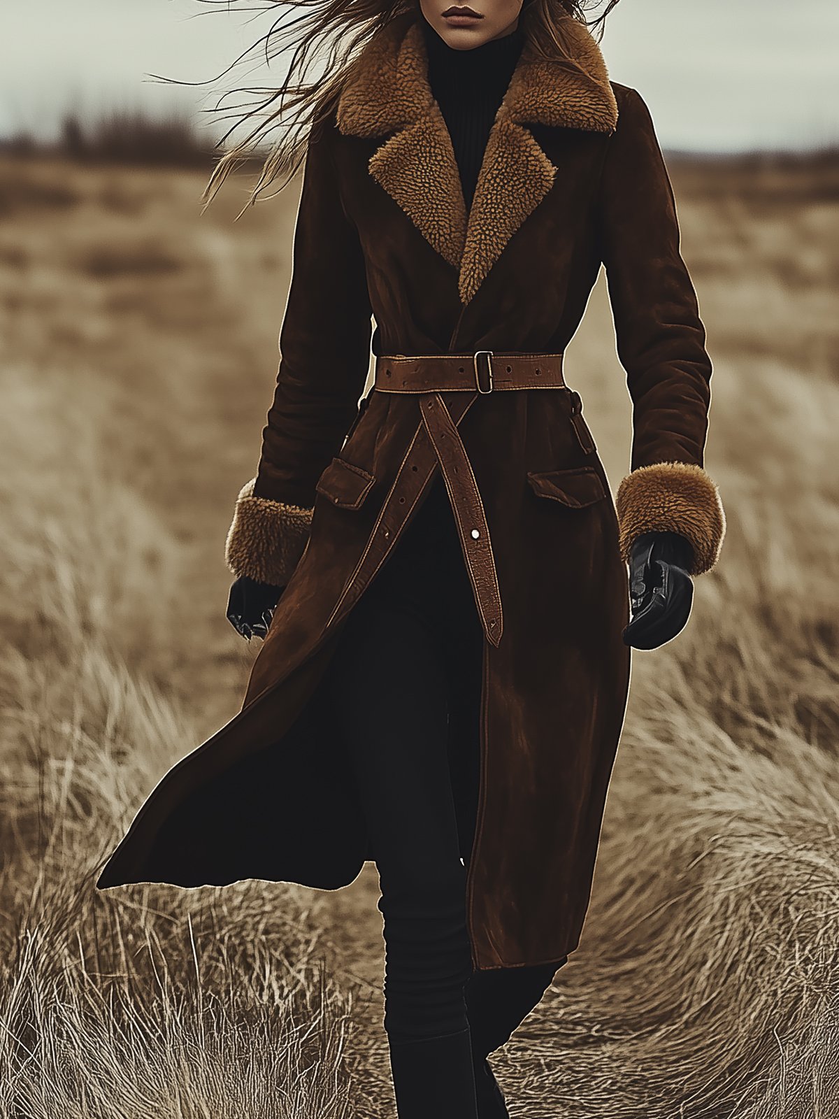 Brown Suede Long Coat With Fur Lined Collar