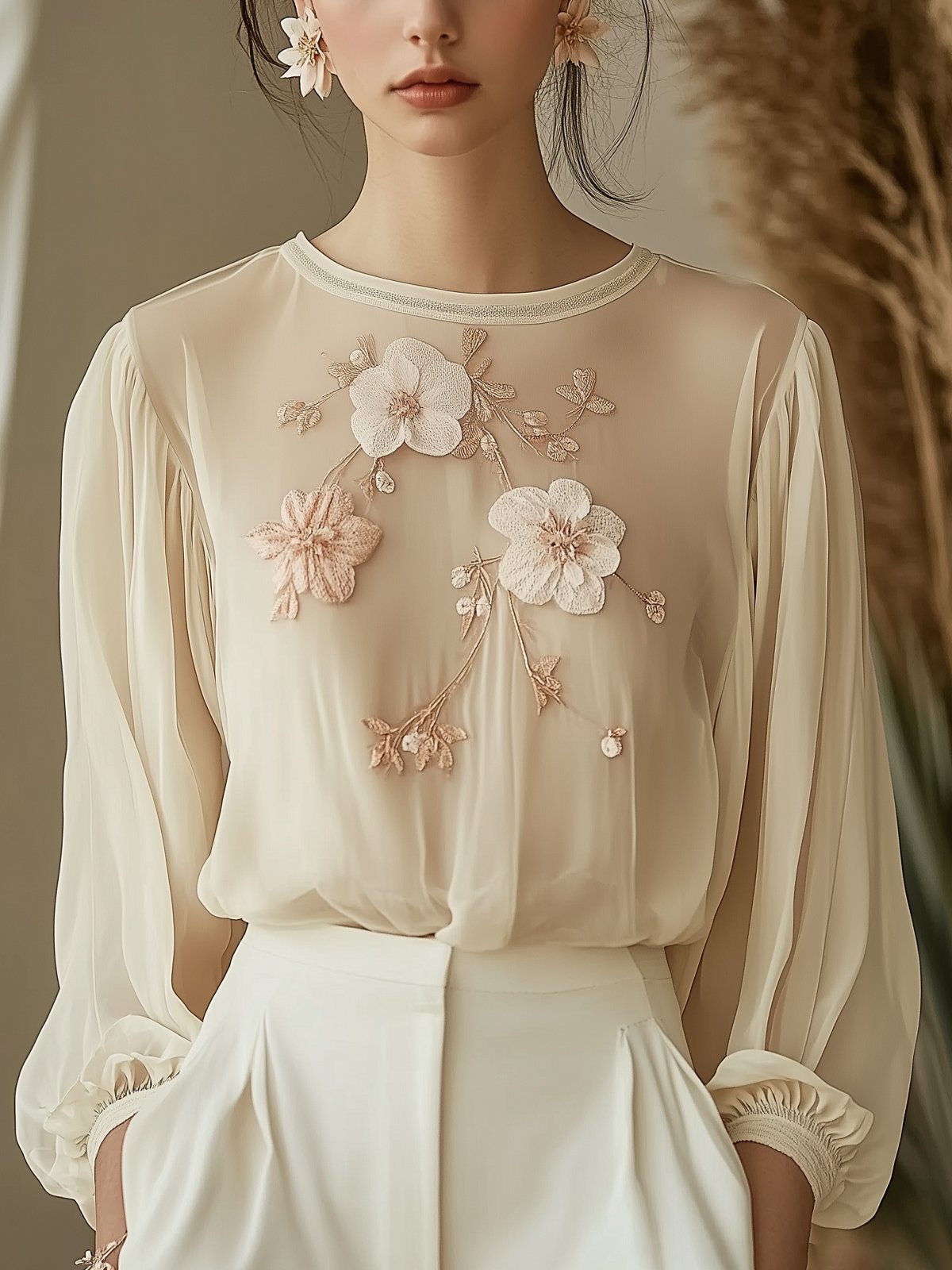 Beige Flower Embroidered Long Sleeve Shirt