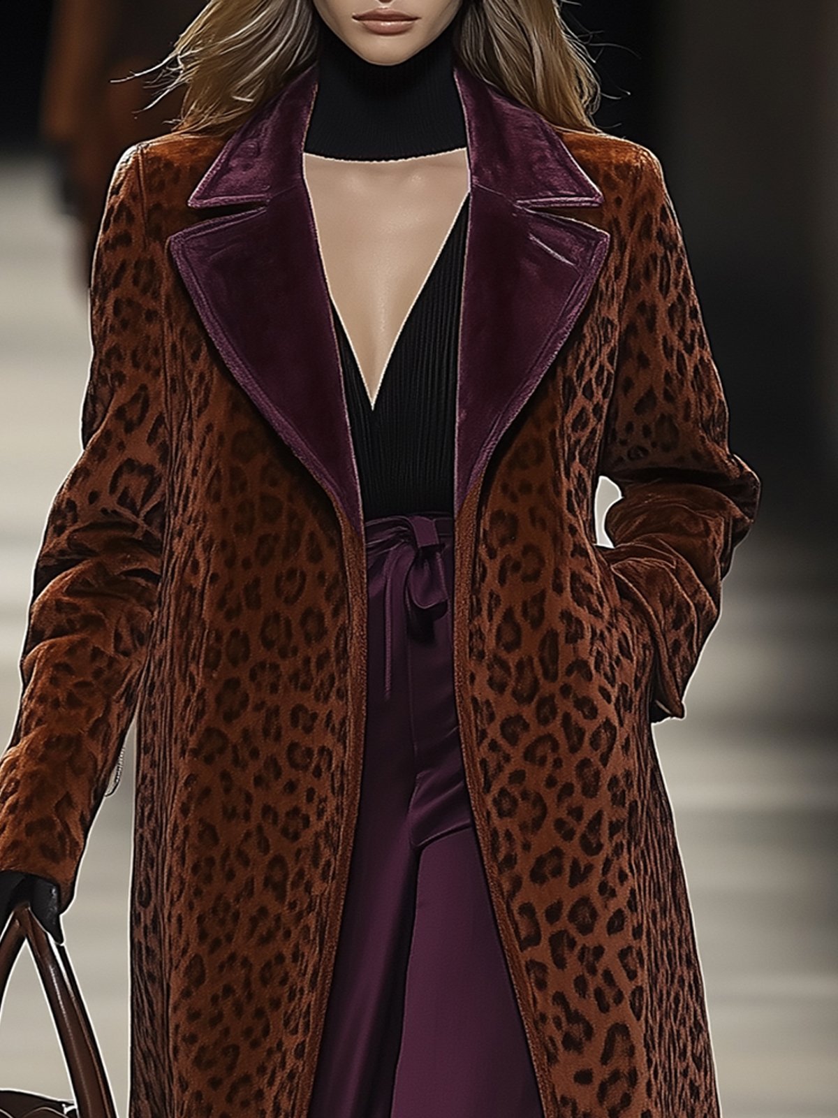 Brown Leopard Print Casual Coat With Purple Lapel