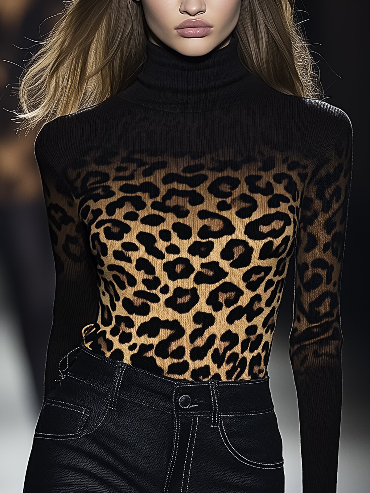 Gradient Brown Leopard Print Turtleneck Stretch T-Shirt