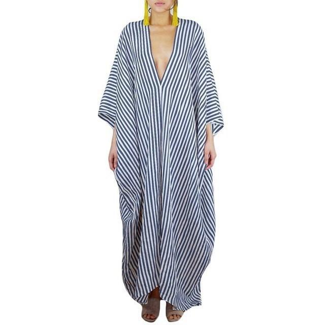 Batwing Sleeves Loose Striped Maxi Dresses