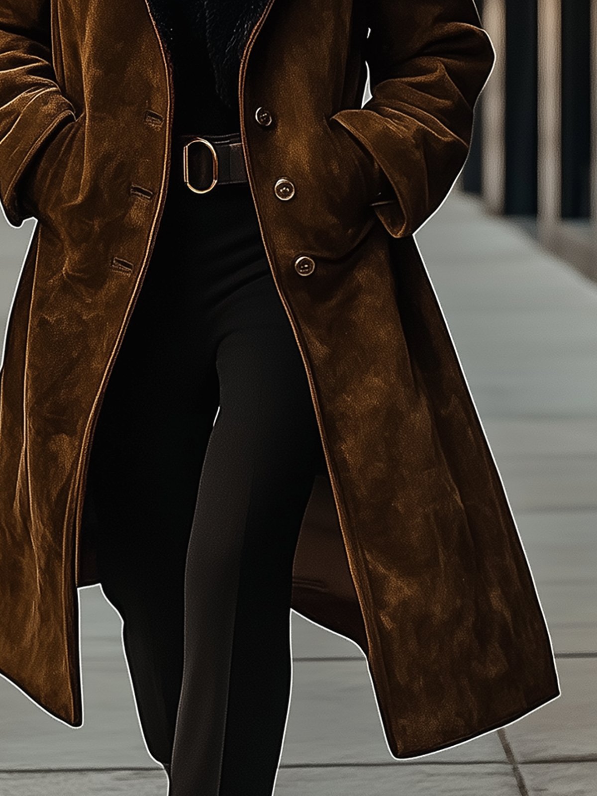 Brown Suede Warm Coat With Black Fur Collar