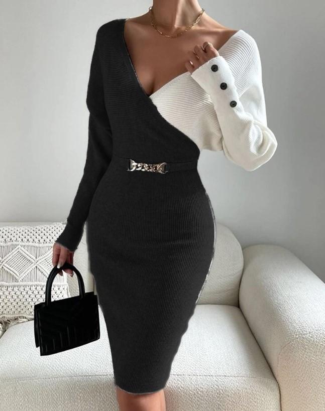 V-Neck Patchwork Hip-Covering Knitted Dress