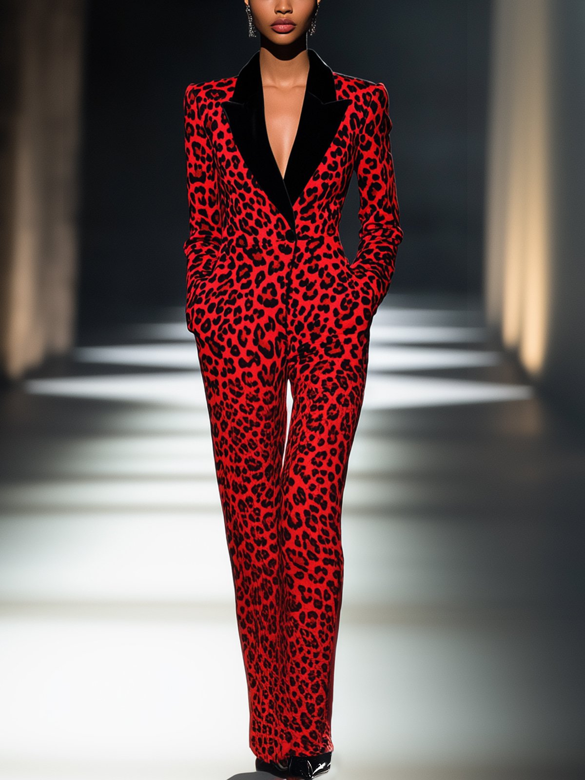 Warm Red Velvet Leopard Print Jumpsuit