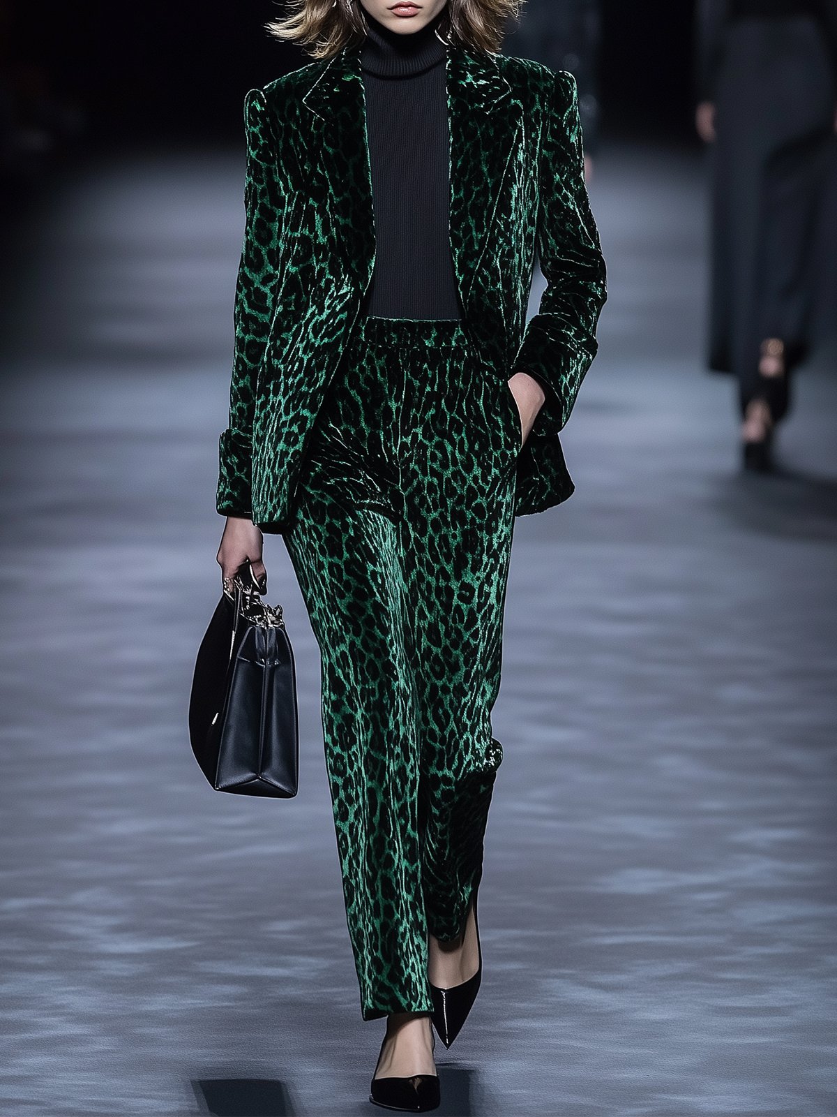 Classic Green Velvet Leopard Print Blazer And Pants