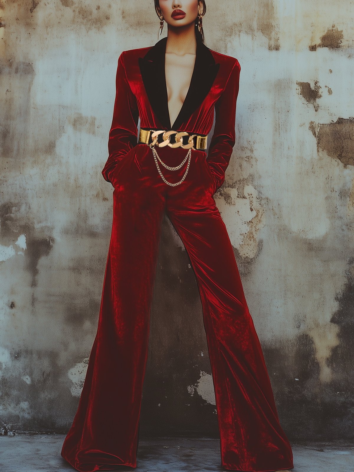 Red Velvet Jumpsuit With Belt