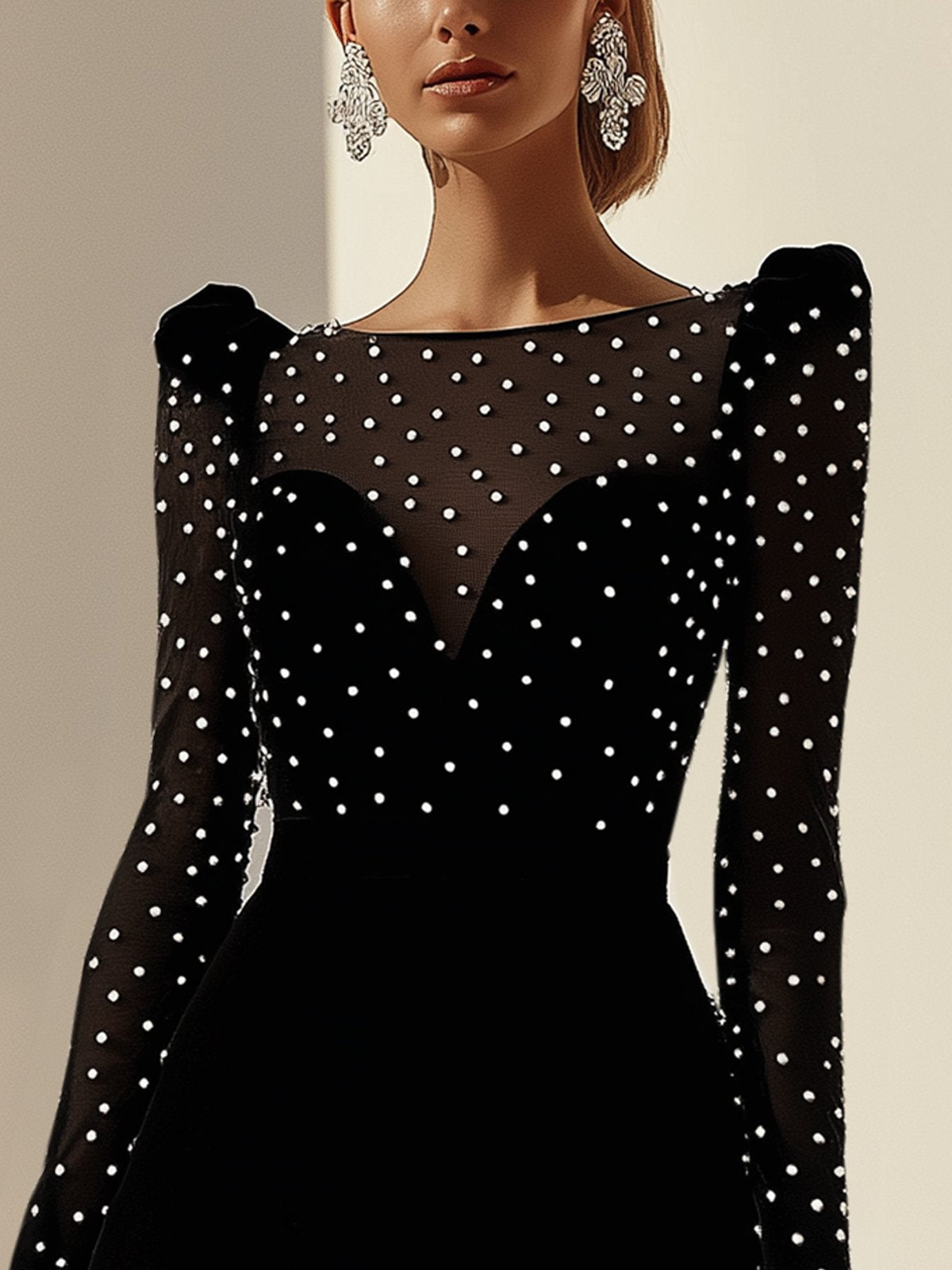 Polka Dot Print Mesh Panel Bodycon Dress