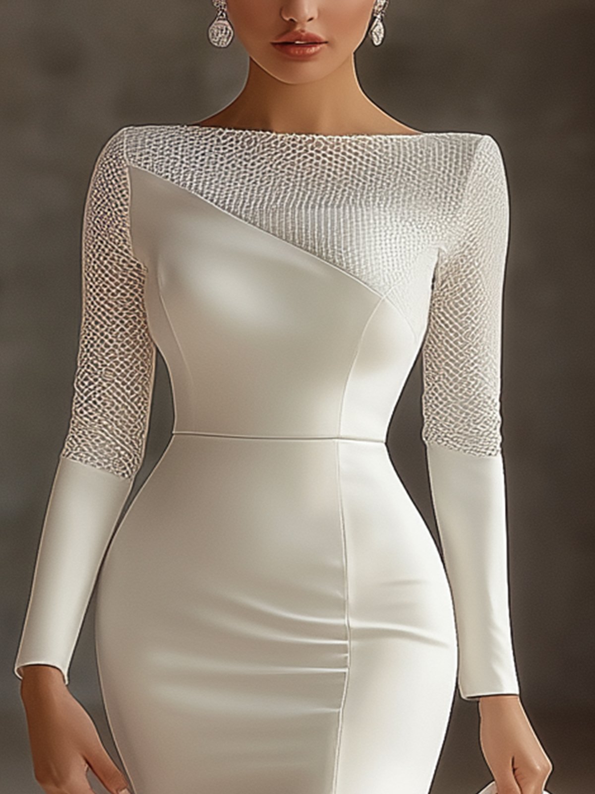 Elegant White Bodycon Dress With Mesh Neckline And Sleeves