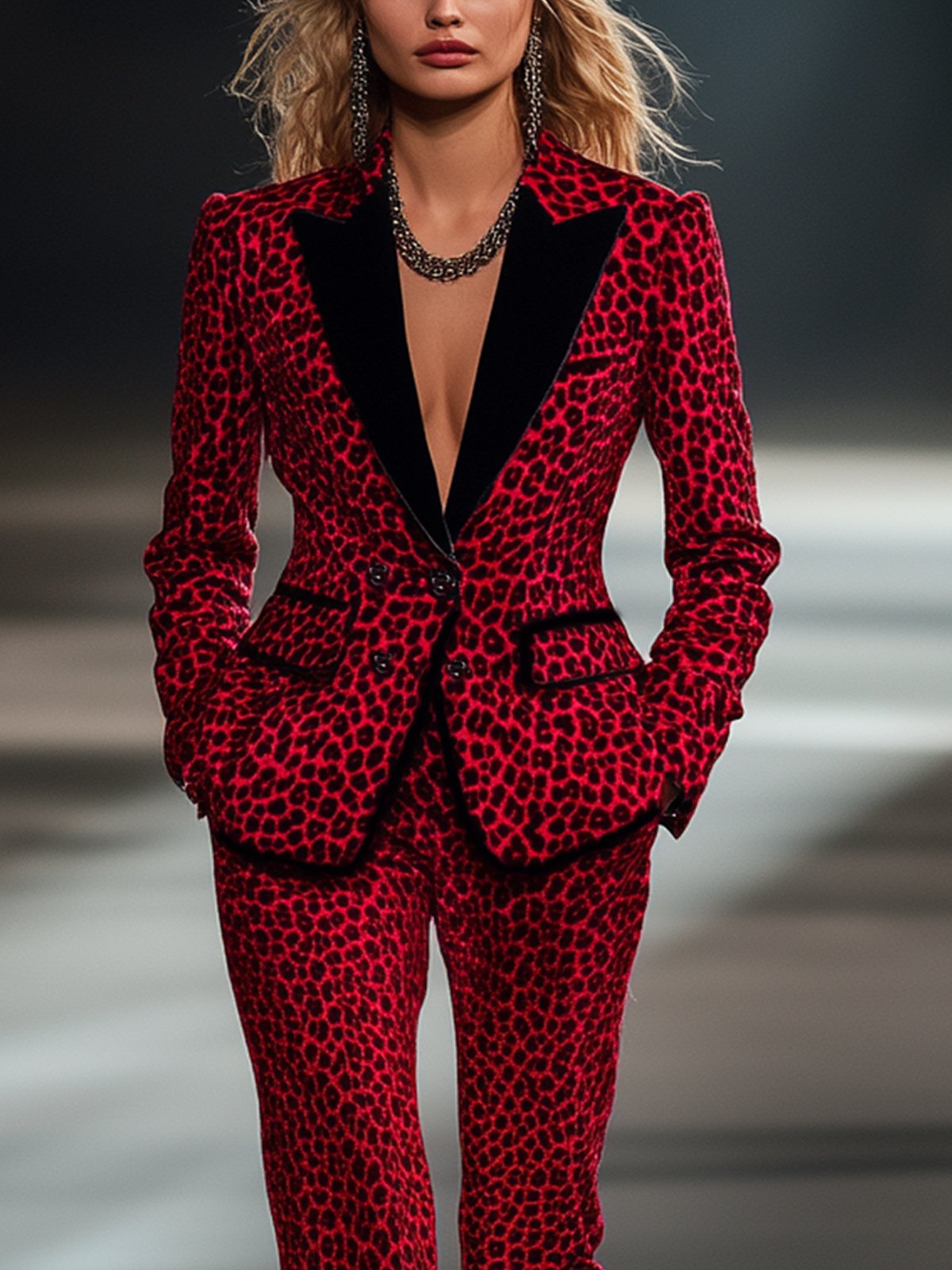 Glamorous Red Velvet Suit With Leopard Print