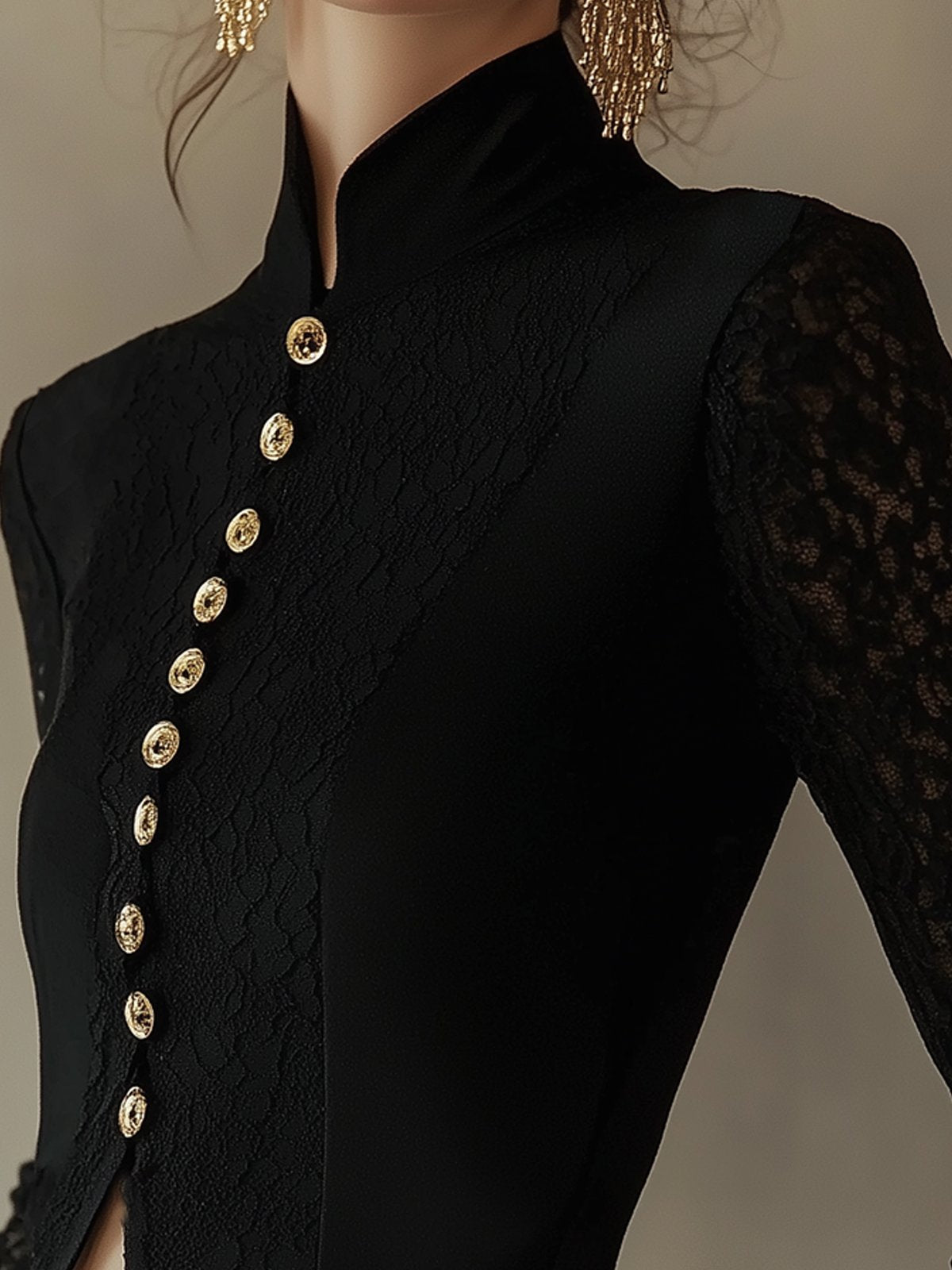 Elegant High-Neck Lace Panel Black Blouse With Gold Button Details