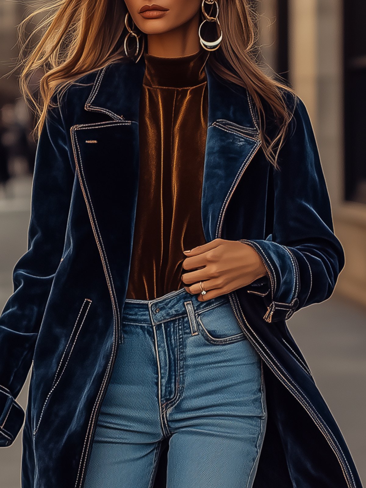 Blue Velvet Trimmed Coat