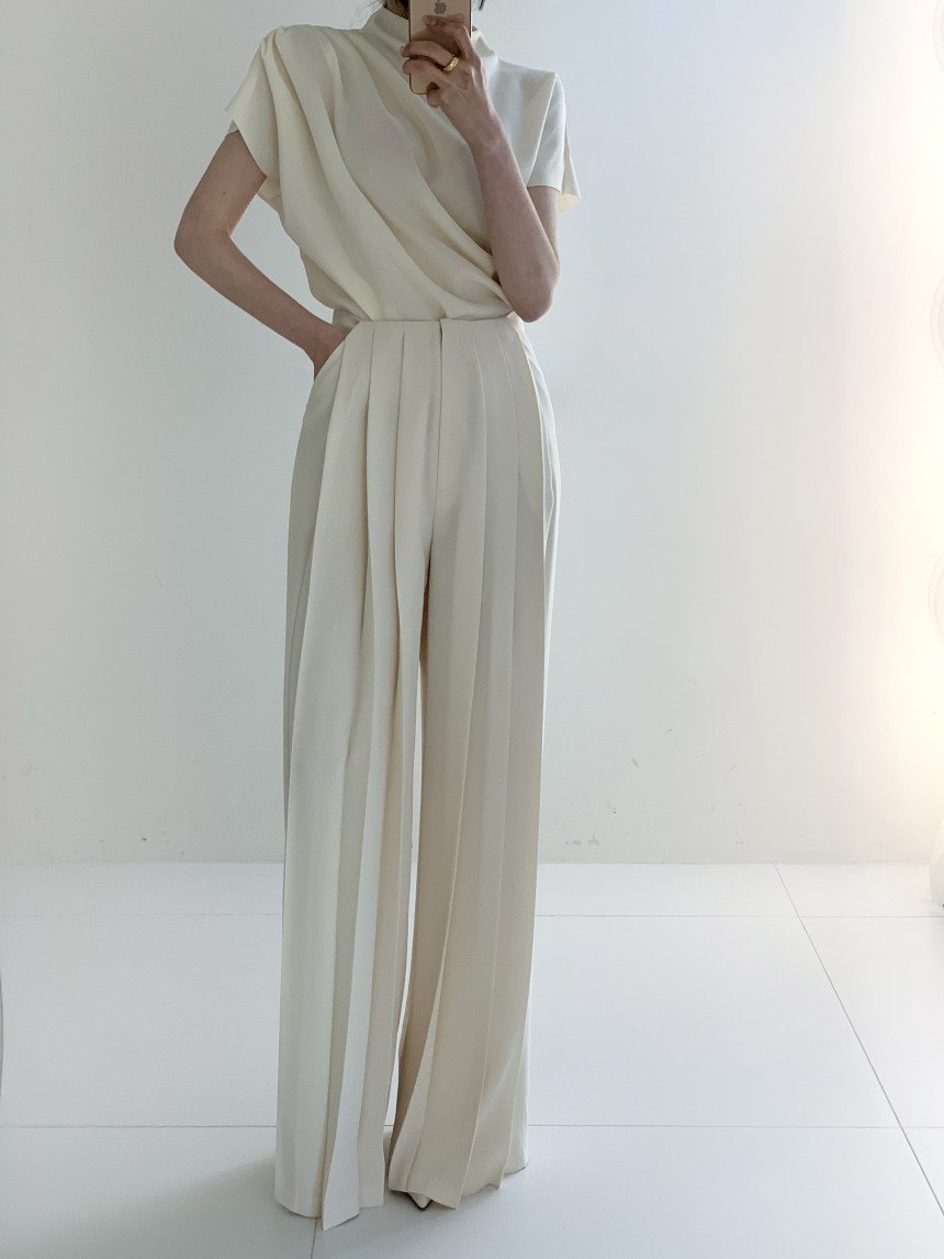 Pleated Top High-Waisted Wide-Leg Pants Suit