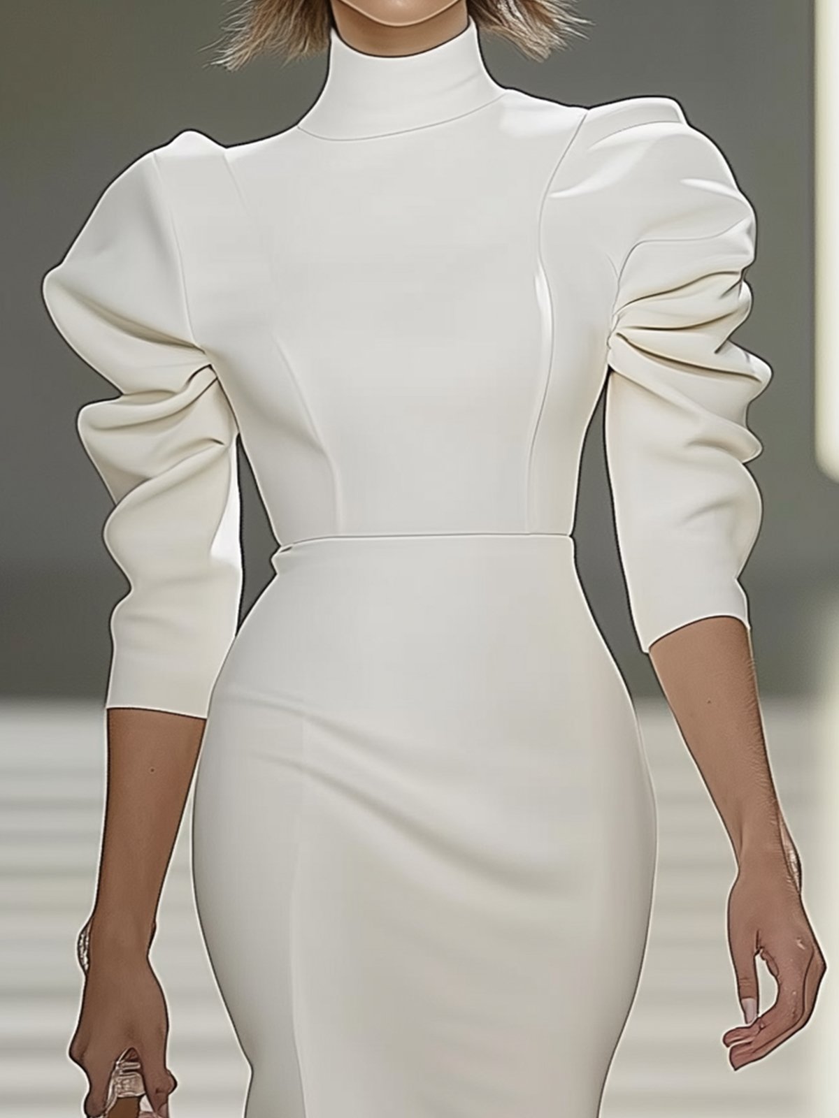 White High-Neck Puff Sleeve Bodycon Dress