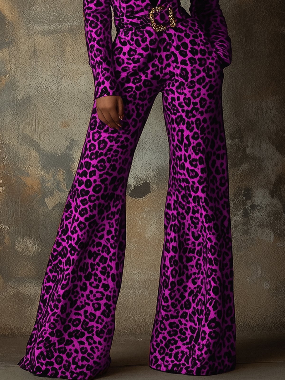 Fashionable Purple Leopard Print Lapel Jumpsuit With Belt