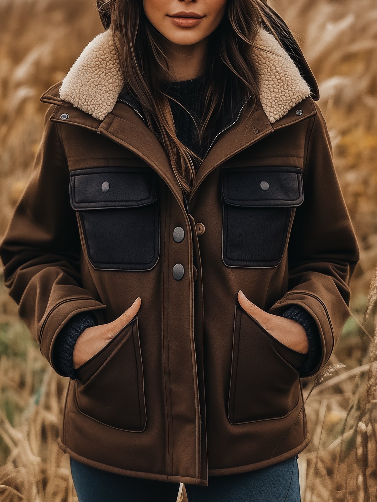 Brown Warm Jacket With Black Pockets