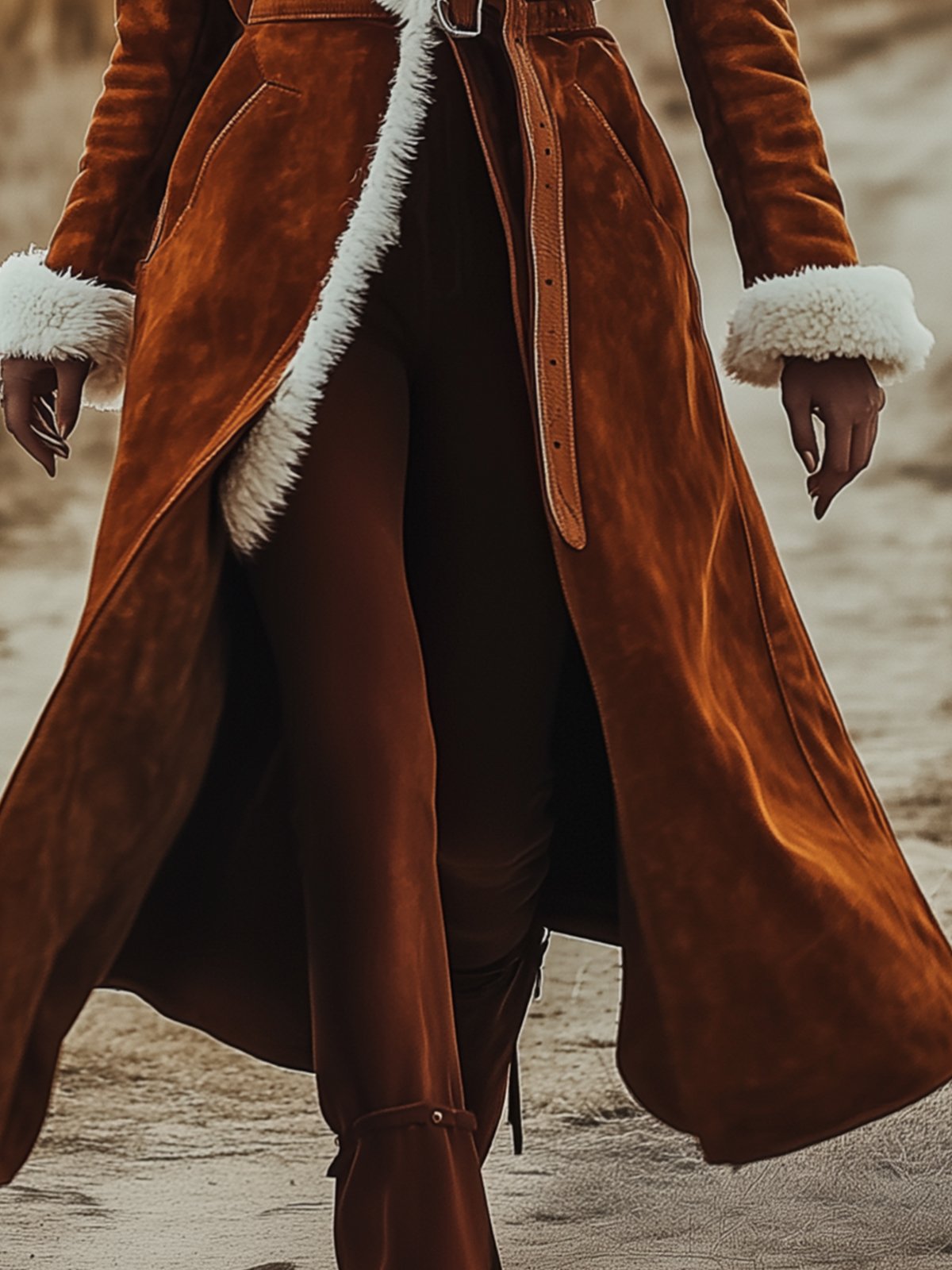 Belted Orange Suede Coat With Shearling Collar And Cuffs