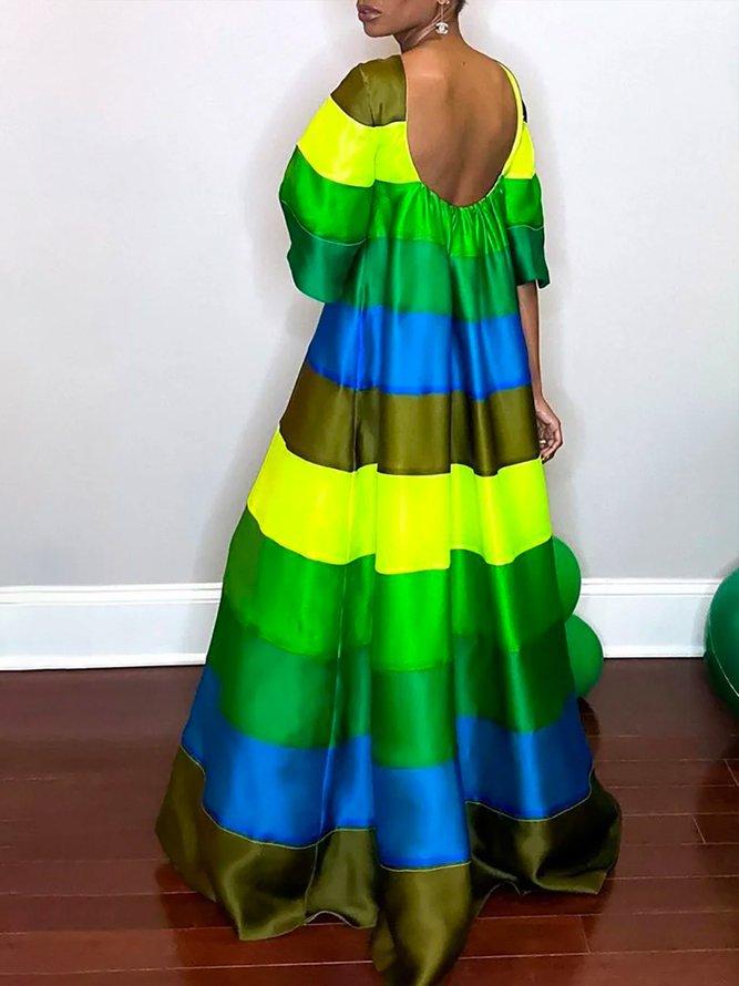 Flared Sleeves Backless Contrast Color Maxi Dresses