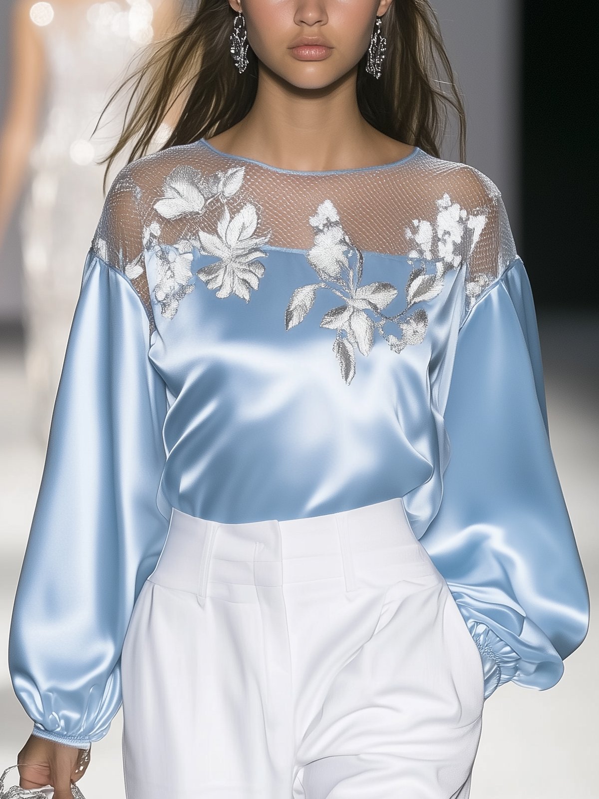 Satin Elegance: Light Blue Floral Embroidered Blouse