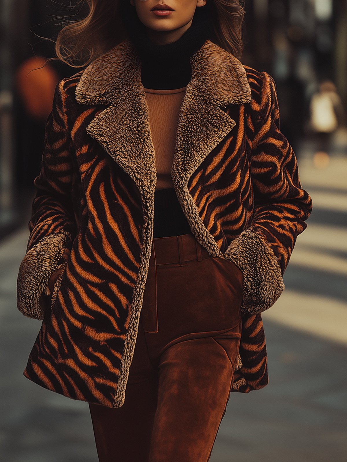 Brown Zebra Print Fur Lined Collar Warm Coat