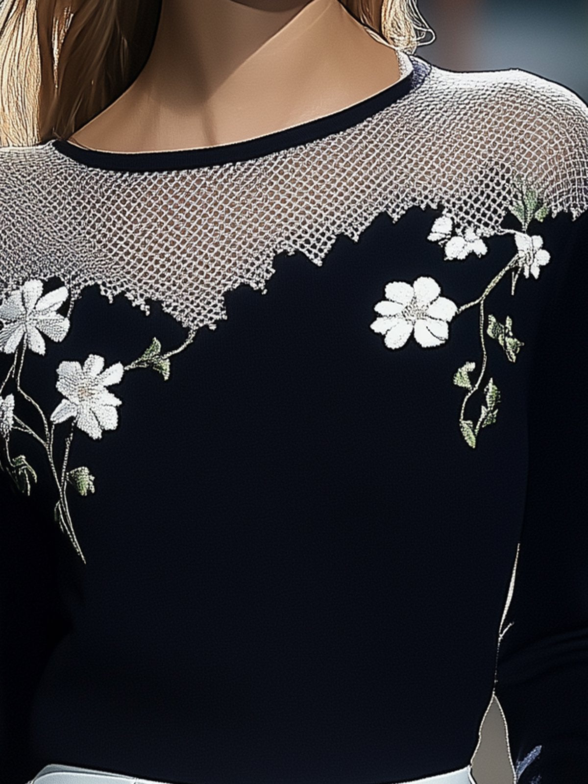 Dark Blue Floral Embroidered Top With Mesh Neckline