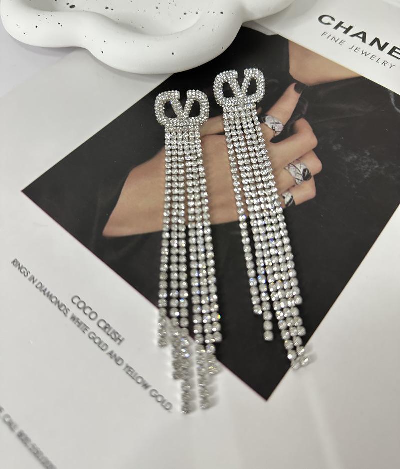 V Letter Full Diamond Tassel Earrings