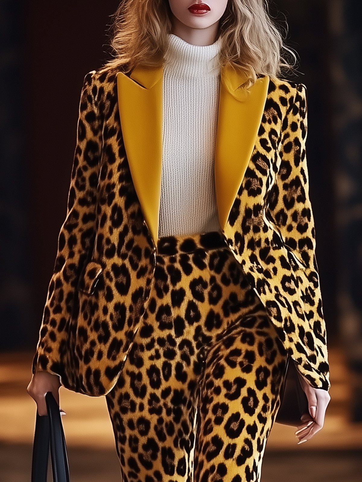 Yellow Velvet Leopard Print Blazer And Pants Suit