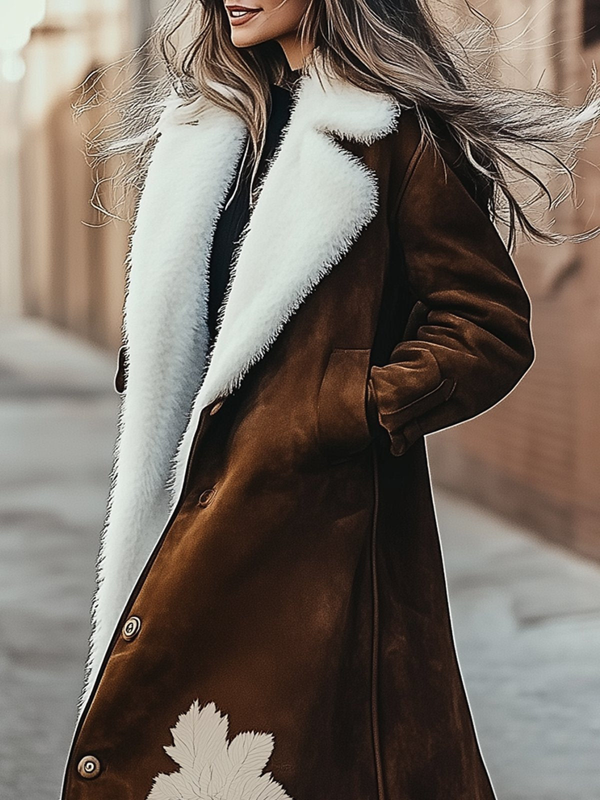 Warm Coat With Fur Lining And Maple Leaf Print