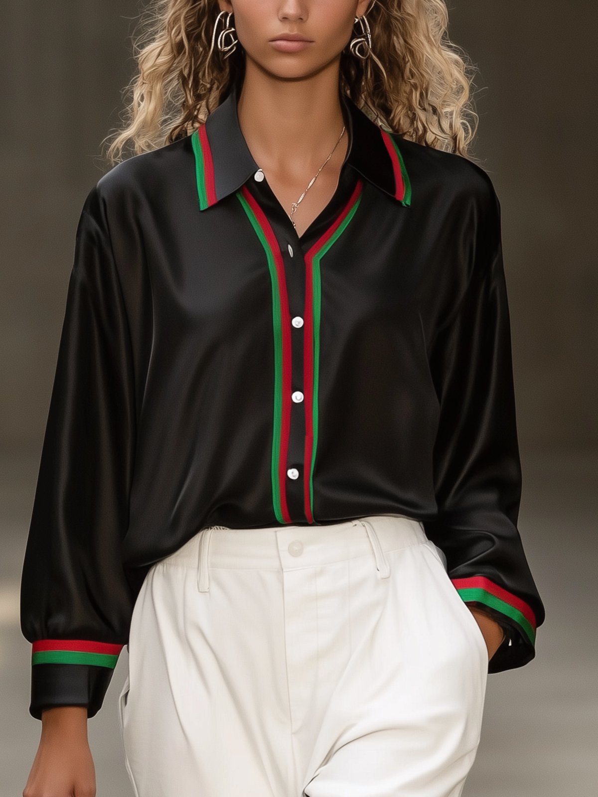 Black Satin Shirt With Red And Green Stripe Detailing