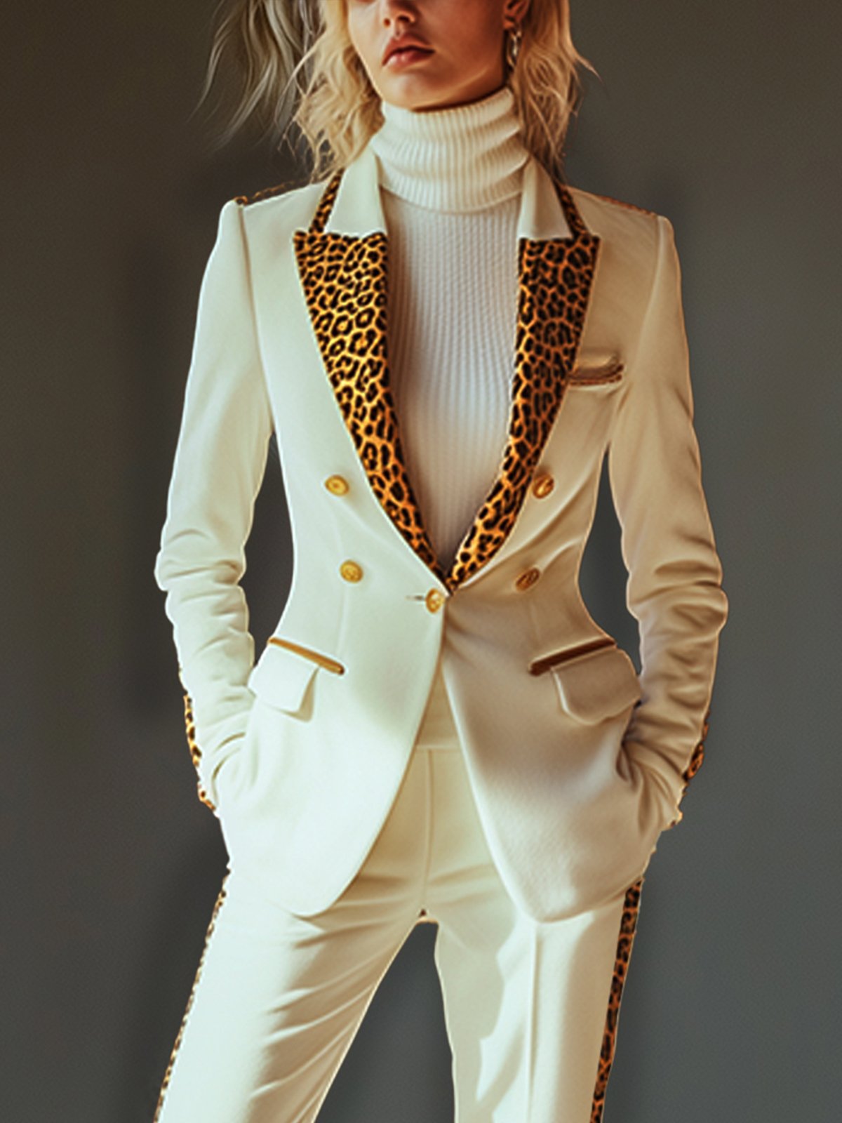 Chic White Velvet Leopard Print Blazer