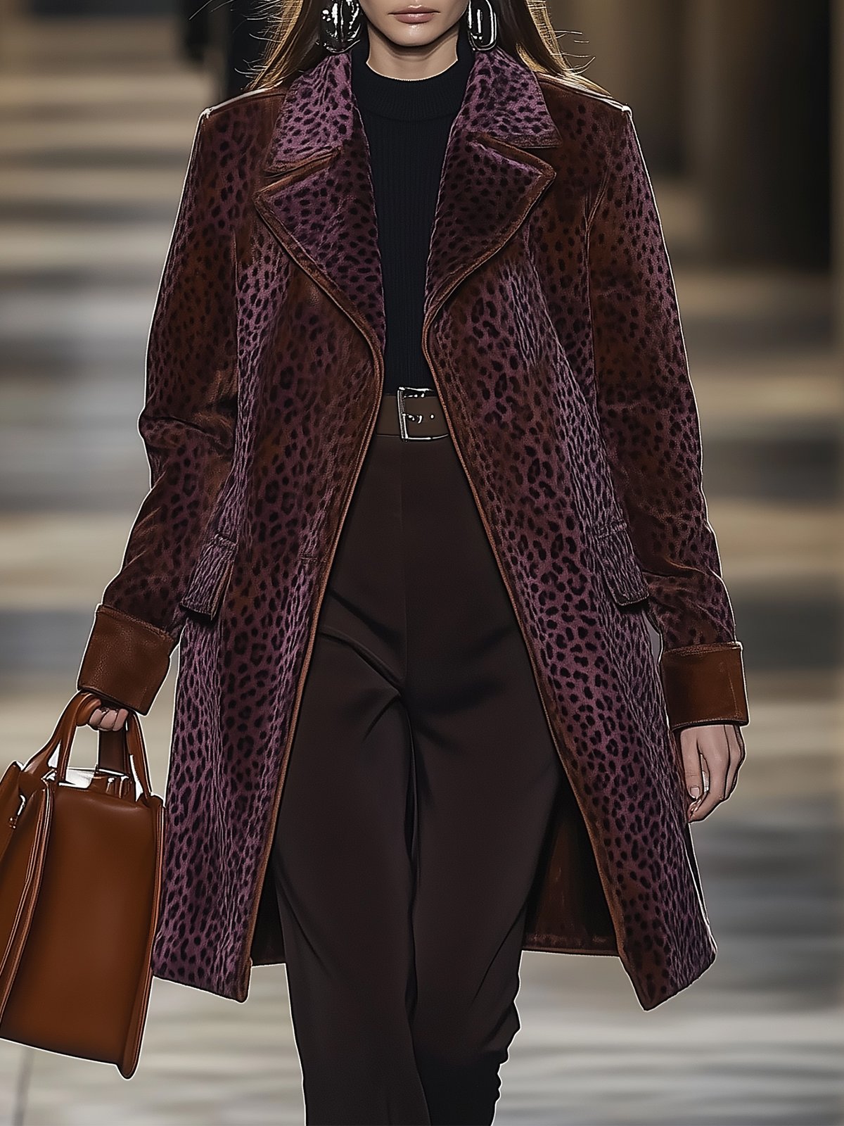 Purple Leopard Print Coat With Brown Trim Design