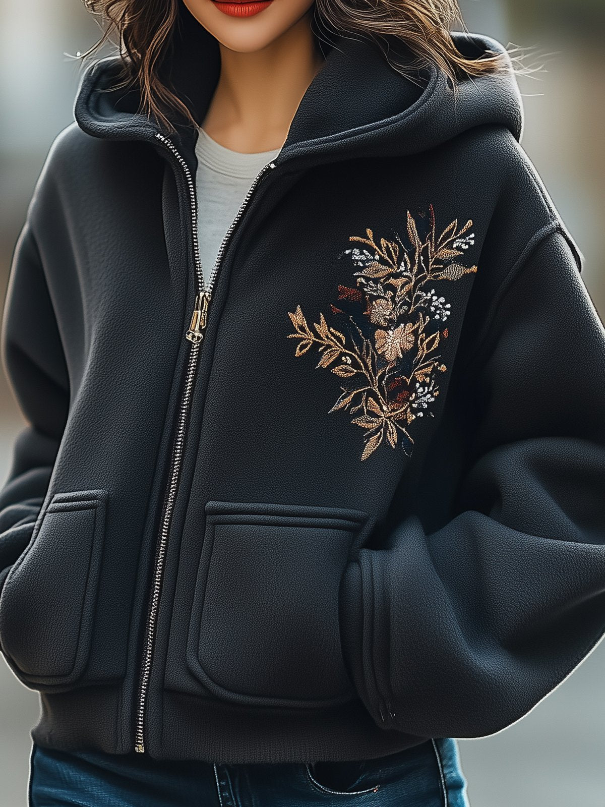 Hooded Coat With Floral Embroidery