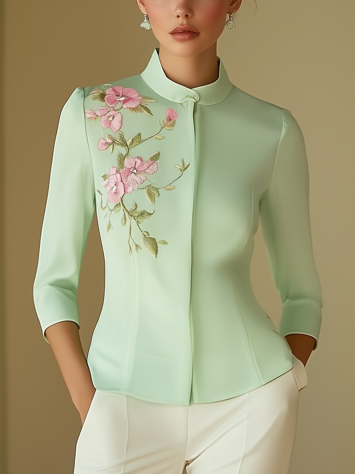 Light Green Embroidered Floral Blouse