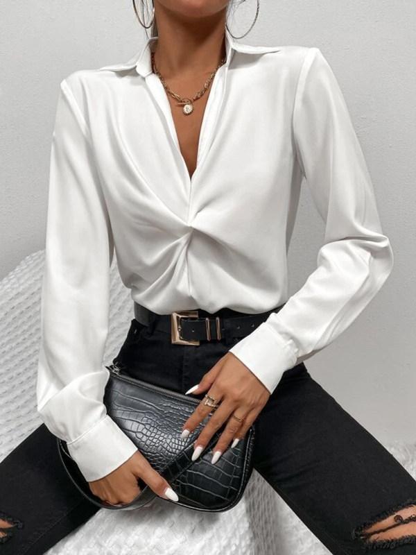 Lapel Long Sleeve White Shirt