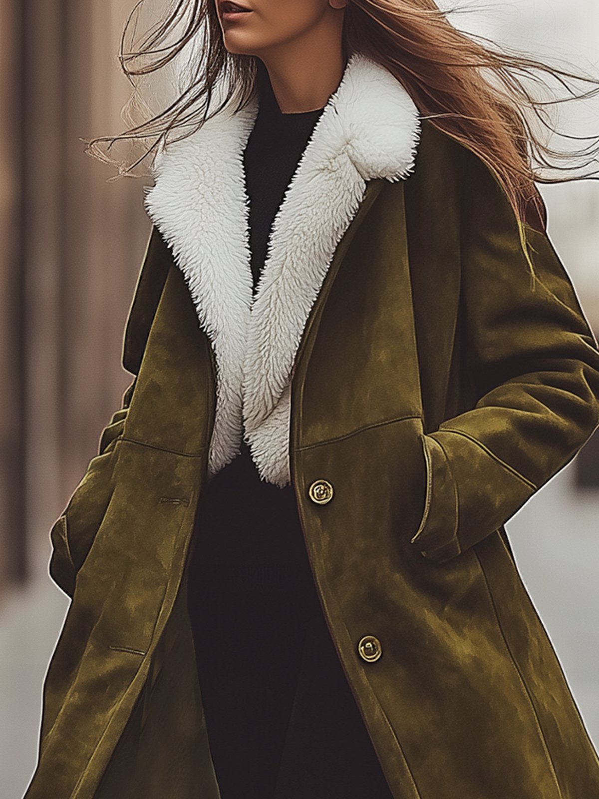 Vintage Green Suede Warm Coat With Fur Collar