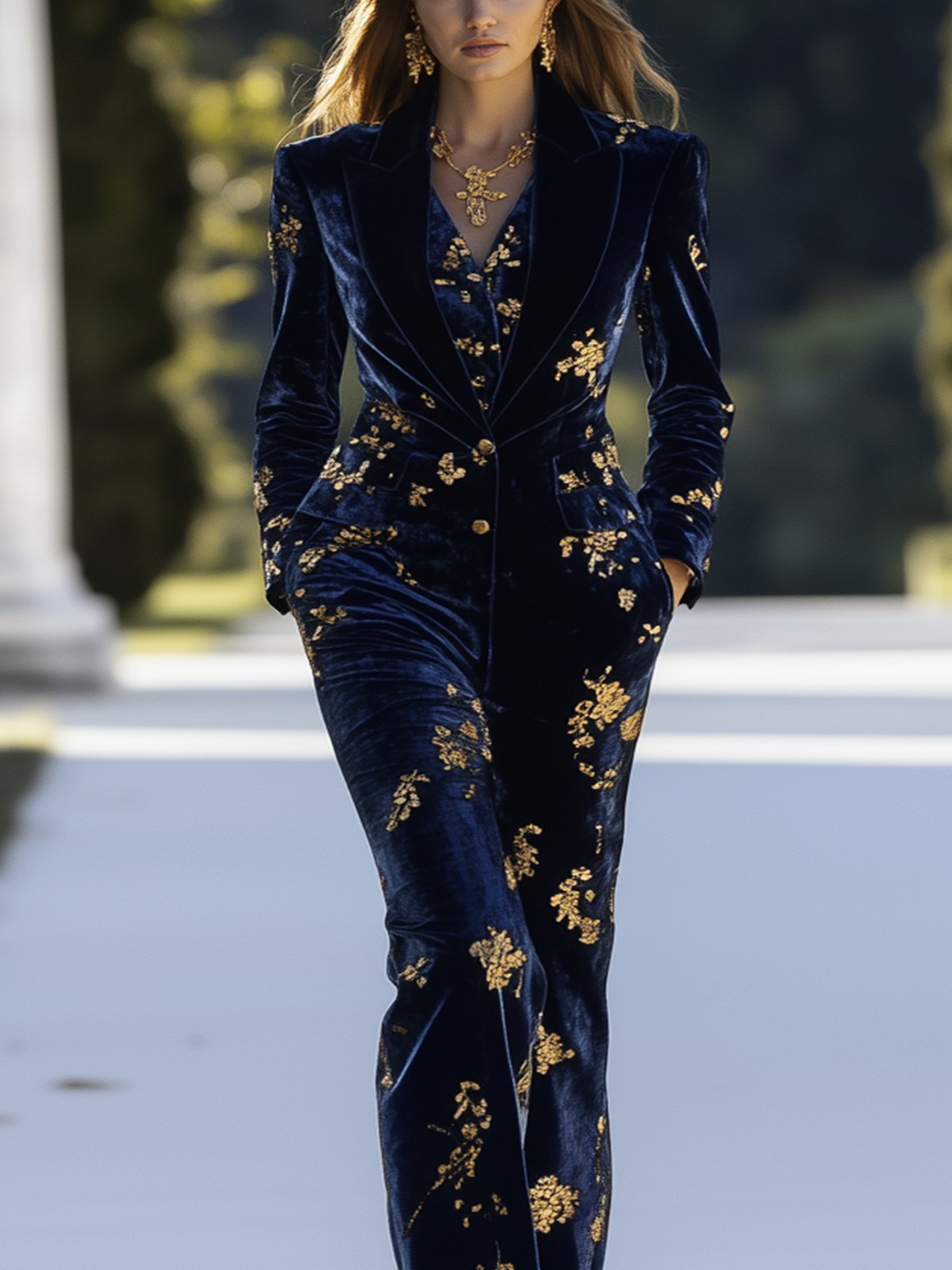 Navy Blue Velvet Jumpsuit With Gold Floral Prints